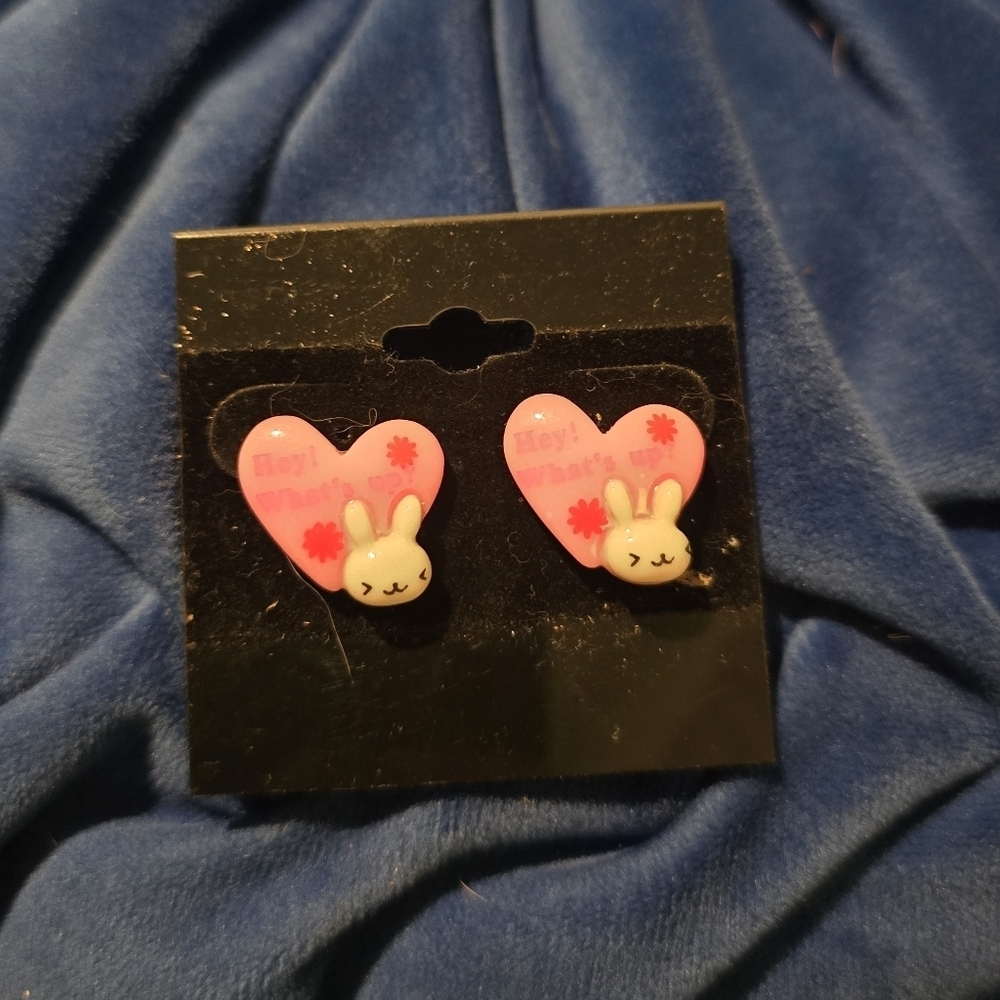 Pink Heart Bunny "Hey! What's Up?" Earrings